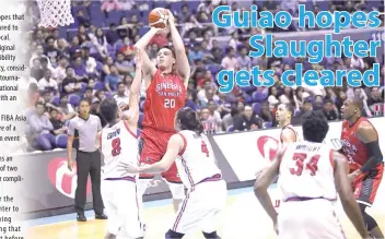  ?? PBA MEDIA BUREAU PHOTO ?? Barangay Ginebra’s Greg Slaughter goes for a jump shot against two Columbian Dyip players during a Philippine Basketball Associatio­n game.