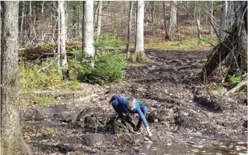  ??  ?? The sticky mud had Colin in socks when his shoes got stuck in the mud! At least the temp was mild and the sun was out.