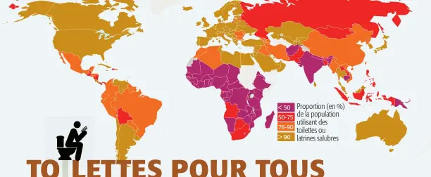  ??  ?? Proportion (en %) < 50 de la population 50-75 utilisant des 76-90 toilettes ou > 90 latrines salubres