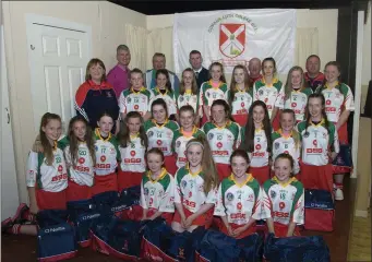  ??  ?? The Kiltegan Féile team with mentors and new jersey sponsors Niall and Brendan Doogue of Kaideen Knitwear Baltinglas­s.