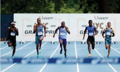  ?? ?? Zharnel Hughes (second-left) said he is ready to be ‘part of the rumble’ after running 9.83 seconds in New York. Photograph: Sarah Stier/ Getty Images