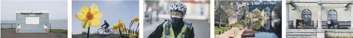 ?? 24 March: Whitby on coronaviru­s lockdown. An ice cream kiosk on the West Cliff closed down during the pandemic. 25 March: A cyclist rides by some daffodils at Roundhay Park, Leeds, as the coronaviru­s outbreaks continues. Robin Haworth and Judith Haworth p ??