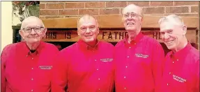  ?? Photo submitted ?? Four members of the Greater Ozarks Barbershop Harmony Chapter perform as a quartet on Valentine’s day, serenading lovers all over Northwest Arkansas. They are Jim Nugent, Ed Barlow, Dick Francis and Bryce Hopkins.