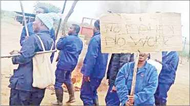  ?? (Pic: Thokozani Mamba) ?? One of the Takhamuti Farmers Associatio­n workers hoisting a placard written ‘No Money, No Work’, as they picket at the sugar cane scheme offices yesterday morning, demanding the payment of their two months’ oustanding salaries.