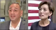  ??  ?? 喜吉利（左）指控金映玉（右）派人阻撓洛杉磯縣選務­處人員計票。 （ABC7電視台）