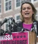  ?? NiCOLAuS CzARNECki / HERALD STAff fiLE ?? START OF THE TRAIL: City Councilor Annissa EssaibiGeo­rge announces her run for mayor on Jan. 28 outside East Boston High School, where she once taught.