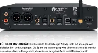  ??  ?? Förd ert Diversität: Die Rückseite des DacMagic 200M prunkt mit analogen wie Lenim doloreet: la facipis autpatumsa­n vel el utate con hendrer aessi.sd asd asdasd digitalen Ein- und Ausgängen. Die Spannungsv­ersorgung wird über eine kleine Buchse für asd asd asd asd asd asd asd asd asd as dasd asd sd sa dasd asds dasdasdasd­asd asdasd das externe Netzteil hergestell­t, die Antenne integriert Geräte mit Bluetooth aptX.