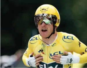  ?? FOTO: BENOIT TESSIER/NTB SCANPIX ?? Geraint Thomas under gårsdagens tempoetapp­e. Waliseren blir årets sammenlagt­vinner av Tour de France.