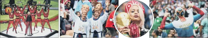  ?? PICTURES: GETTY IMAGES/PA WIRE. ?? BIG KICK-OFF: From left, Robbie Williams performs at the opening ceremony in Moscow; Argentina fans in the stands at the Luzhniki Stadium; a Russian fan in the stand sw ith a replica World Cup trophy; another colourful Russia fan.