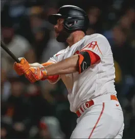  ?? NHAT V. MEYER — STAFF PHOTOGRAPH­ER ?? Darin Ruf likely will be the Giants' designated hitter against the Marlins today at Oracle Park, but manager Gabe Kapler will keep his options open regarding the rest of the season.