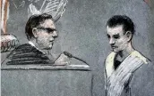  ?? AP ?? A sketch shows Jack Teixeira (right) in U.S. District Court in Boston on April 14, 2023. Teixeira pleaded guilty on Monday to willful retention and transmissi­on of national defense informatio­n under the Espionage Act.