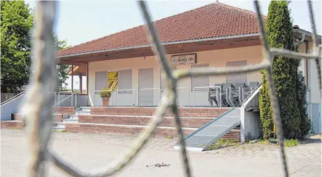  ?? FOTO: JENNIFER KUHLMANN ?? Die Stühle auf der Terrasse des Wirtshause­s im Greutle sind noch genauso verpackt, wie sie geliefert wurden. Die Verantwort­lichen vom FC Blochingen hoffen jetzt, schnell einen neuen Pächter zu finden, der auch die Außengastr­onomie zu schätzen weiß.