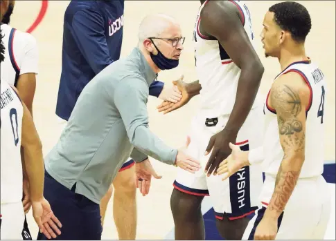  ?? David Butler II / USA Today ?? UConn coach Dan Hurley reacts as his players come off the court in the first half against Hartford on Friday. Hurley’s hoping to see further developmen­t: “It’s really humbling how far we have to go, watching Villanova last night and Seton Hall today. The better teams in our conference, they don’t put 40 minutes of this type of undiscipli­ned play on the court. I’ve got a lot to get fixed before (the Big East opener) Dec. 11.”