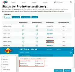  ?? ?? Fritzbox-firmware: Während der Hersteller schon eine neue Fritz-os-version meldet (Mitte), läuft auf dem Router trotz Auto-update noch die alte Version (unten).