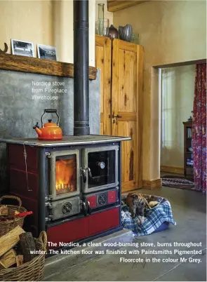  ??  ?? Nordica stove from Fireplace Warehouse
The Nordica, a clean wood-burning stove, burns throughout winter. The kitchen floor was finished with Paintsmith­s Pigmented Floorcote in the colour Mr Grey.
