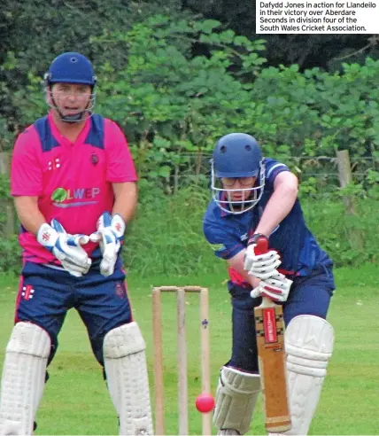  ?? ?? Dafydd Jones in action for Llandeilo in their victory over Aberdare Seconds in division four of the South Wales Cricket Associatio­n.