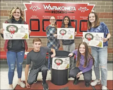  ?? ?? The Wapakoneta High School Octagon Club’s Annual Coat Drive is underway. Donation bins are located at Community Market, Walmart, Wapakoneta Family YMCA, Casa Chic, Auglaize Embroidery, Wapakoneta Middle School and Wapakoneta High School. Please join the effort to keep everyone warm this winter by donating new and gently used coats in all sizes. The club is sponsored
by the Wapakoneta Breakfast Optimist Club. Pictured from left to right are Octagon Club Officers: Reyna Woodruff, Gavin Sutton, Makahla Schnarre, Charvi
Patel, Kya Sutton and Callie Sutton.