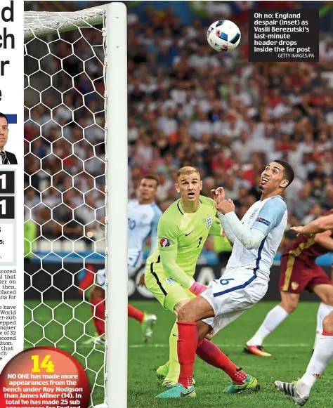  ?? GETTY IMAGES/PA ?? Oh no: England despair (inset) as Vasili Berezutski’s last-minute header drops inside the far post