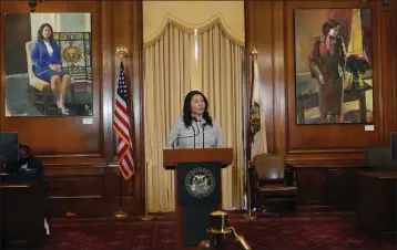  ?? JIM WILSON — THE NEW YORK TIMES ?? Mayor London Breed of San Francisco delivers remarks at San Francisco City Hall on Sept. 29, 2023. Breed has moved toward the center in a city worried about crime and the economy.
