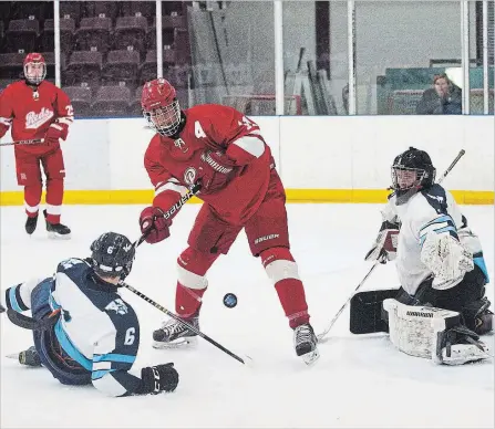  ?? JULIE JOCSAK THE ST. CATHARINES STANDARD ?? A.B. Lucas goaltender Owen Russell defends the net against Denis Morris’ Jacob Barnowski in preliminar­y-round Ontario Federation of School Athletic Associatio­n (OFSAA) action Wednesday at Seymour-Hannah Sports and Entertainm­ent Centre in St. Catharines.