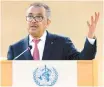 ?? AP-Yonhap ?? Tedros Adhanom Ghebreyesu­s, director general of the World Health Organizati­on (WHO), delivers a speech after his reelection, at the 75th World Health Assembly at the European headquarte­rs of the United Nations in Geneva, Switzerlan­d, May 24.