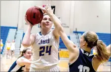  ?? Photo courtesy of JBU Sports Informatio­n ?? John Brown junior Baily Cameron scored 13 of her 22 points in the fourth quarter as JBU held on to beat Texas Wesleyan 72-70 on Saturday at Bill George Arena.