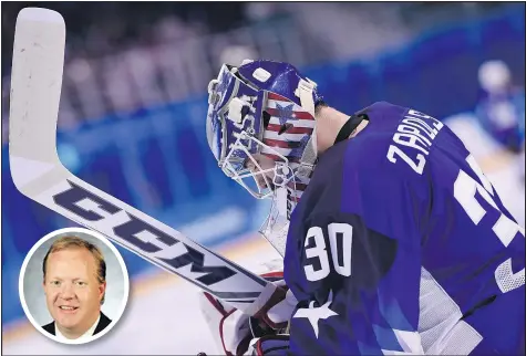  ?? GETTY IMAGES ?? USA’s Ryan Zapolski hangs his head after allowing a goal in yesterday’s 3-2 loss to Slovenia. The United States’ men’s hockey team is competing without its long-time GM Jim Johannson (inset), who passed away 25 days ago at the age of 53.