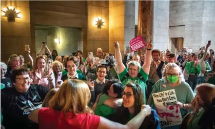  ?? ?? Abortion rights supporters on Thursday at the Nebraska state capital in Lincoln, Nebraska. Photograph: Larry Robinson/AP