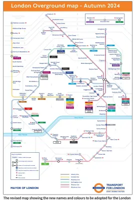  ?? Transport for London ?? The revised map showing the new names and colours to be adopted for the London Overground network later this year.