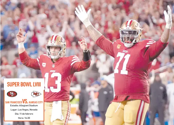  ?? ?? l El quarterbac­k de los 49s de San Francisco Brock Purdy y el tacle ofensivo Trent Williams celebran el tuochdown de Elijah Mitchell.