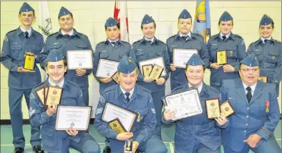  ?? ERIC MCCARTHY/JOURNAL PIONEER ?? Displaying the awards they received at the 641 West Prince Air Cadet Squadron’s ceremonial review and awards night are, front, from left, Flight Sergeant Brady Shea, Sergeants Alex Trail and Amy Lissemore, Captain Angela McAlduff, back, LAC Cameron...