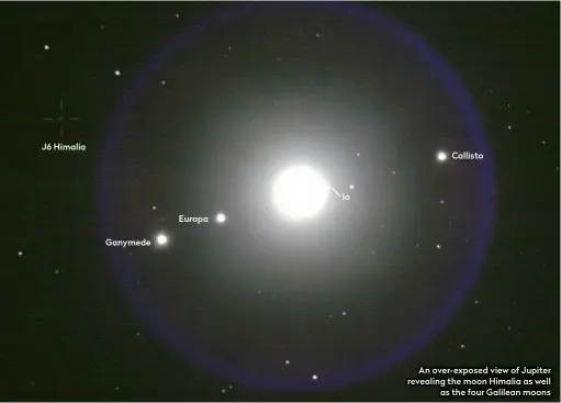  ??  ?? J6 Himalia
Ganymede
Europa
Io
Callisto
An over- exposed view of Jupiter revealing the moon Himalia as well as the four Galilean moons