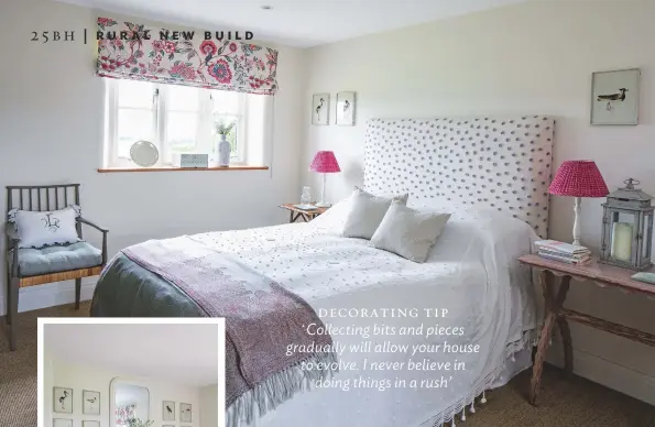  ??  ?? MASTER BEDROOM Pairing bright splashes of fuchsia pink with soothing shades of grey creates a more grown-up effect. Colefax & Fowler’s Casimir is a similar blind fabric, £78m, Lines of Pinner. Azolla Cherry lampshade, price on request, Irving &...