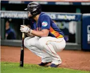  ?? Brett Coomer/Staff photograph­er ?? Astros first baseman Jose Abreu was just 1-for-7 with four strikeouts in the first two games of the ALCS.