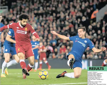  ?? PICTURE: EPA ?? ON TARGET: Liverpool’s Mohamed Salah scores the opening goal during yesterday’s Premier League match against Chelsea at Anfield.