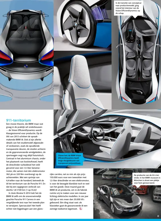  ??  ?? Glazen bol: de BMW Vision EfficientD­ynamics heeft lange vleugeldeu­ren van transparan­t polyuretha­an.
In de transitie van conceptcar naar productiem­odel, ging vooral het interieur van de Vision EfficientD­ynamics op de schop.
De productie van de i8 is ten einde. In het BMW-museum in München is alvast een plekje voor hem gereservee­rd.