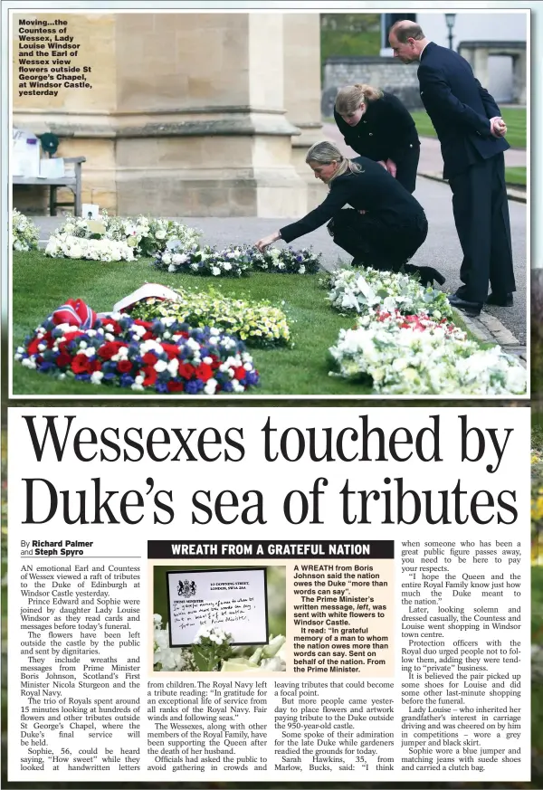  ??  ?? Moving...the Countess of Wessex, Lady Louise Windsor and the Earl of Wessex view flowers outside St George’s Chapel, at Windsor Castle, yesterday