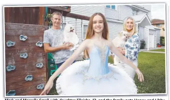  ??  ?? Mark and Marcelle Small with daughter Elleisha, 12, and the family pets Honey and Libby, at their Mermaid Beach house which is going to auction. Picture: Tertius Pickard