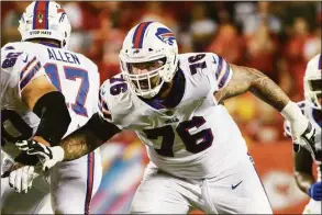  ?? Reed Hoffmann / Associated Press ?? Bills guard Jon Feliciano blocks against the Chiefs on Oct. 10 in Kansas City, Mo. Dehydratio­n is one of the biggest concerns during football camps in the summer, and the Giants saw its effects close up on new center Feliciano.