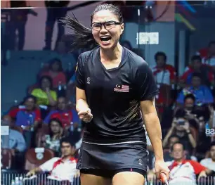  ??  ?? Malaysia’s Andrea Lee celebratin­g her victory over Singapore’s Mao Shihui in the women’s team final. Andrea won 11-8, 11- 6, 11- 6.