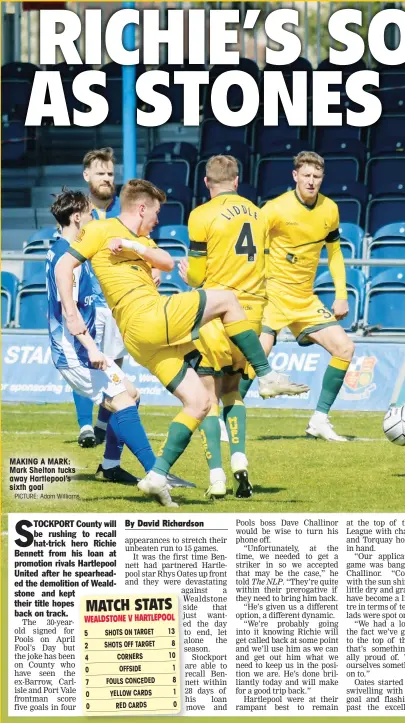  ?? PICTURE: Adam Williams ?? MAKING A MARK: Mark Shelton tucks away Hartlepool’s sixth goal