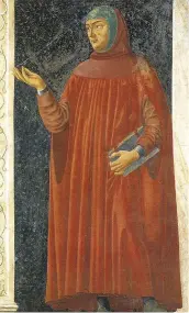  ??  ?? Italian influencer A c1450 fresco of Italian poet Francesco Petrarch, whose work “changed what Chaucer did with his own poetry”, says Marion Turner