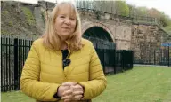  ?? LTFM ?? Right: Caroline Hardie, of the Friends of Stockton & Darlington Railway, interviewe­d in front of Skerne Bridge, the world’s oldest railway bridge still in regular use.