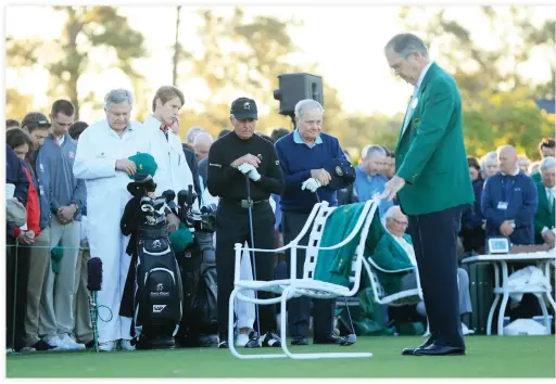  ??  ?? Honorary starters Jack Nicklaus, center, Gary Player, left, and chairman of Augusta National Golf Club William Porter 'Billy' Payne, right, take part in the first tee ceremony prior to the first round of the 2017 Masters Tournament at Augusta National...