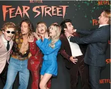 ?? Street Part 2: 1978. ?? The stars of Fear Street trilogy, (from left) Fred Hechinger, Sam Brooks, Ryan Simpkins, Welch, Ted Sutherland and Mccabe Slye at the premiere of Fear