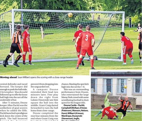  ?? ?? Moving ahead Sean Wilbert opens the scoring with a close-range header
On target Christophe­r Macdonald slides home to make it 4-0