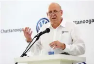  ?? STAFF PHOTO BY ERIN O. SMITH ?? New Volkswagen Chattanoog­a CEO Tom du Plessis speaks during a news conference Thursday at Volkswagen Academy.