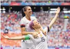  ?? FRANCISCO SECO/AP ?? United States’ Megan Rapinoe, right, celebrates with Alex Morgan after scoring in Sunday’s Women’s World Cup final in France.