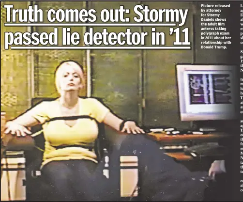  ??  ?? Picture released by attorney for Stormy Daniels shows the adult film actress taking polygraph exam in 2011 about her relationsh­ip with Donald Trump.