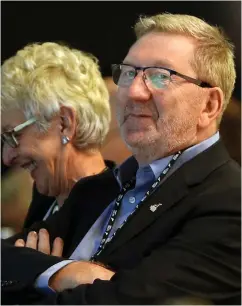  ??  ?? Smirk: Len McCluskey listens to Jeremy Corbyn yesterday